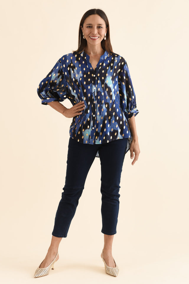 Carleen Blue Abstract Foil Button Top,Full Body,Brunette model,alt text|model:Cara