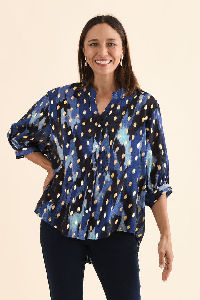 Carleen Blue Abstract Foil Button Top,Front,Brunette model,alt text|model:Cara image 1