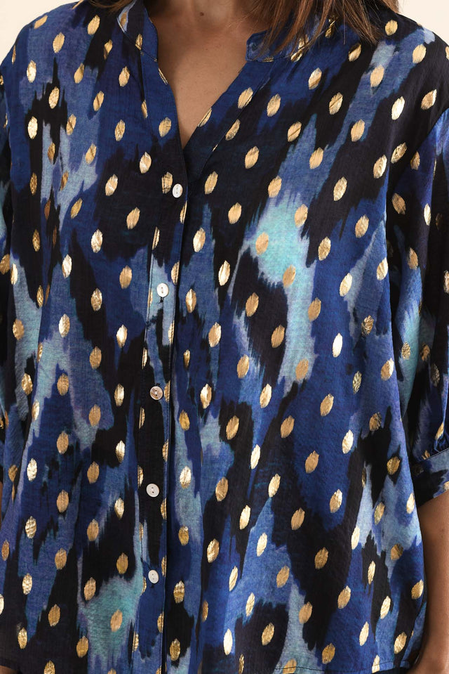 Carleen Blue Abstract Foil Button Top,Detail,Brunette model,alt text|model:Cara image 5