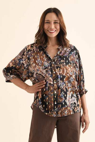 Carleen Navy Flower Foil Button Top