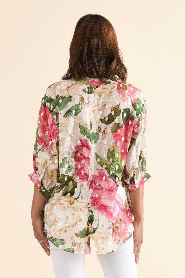 Carleen Pink Flower Foil Button Top,Back,Brunette model,alt text|model:Cara image 4