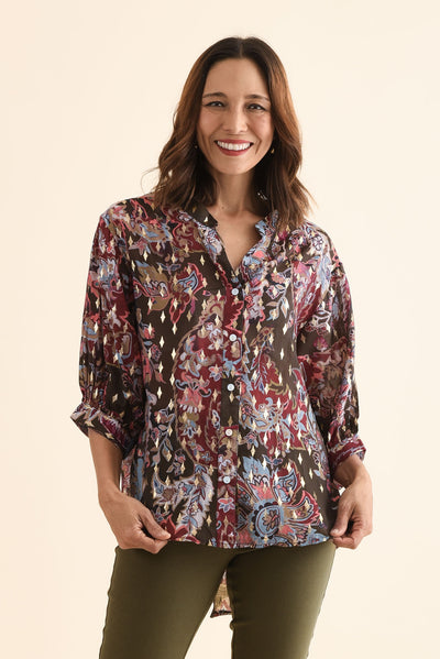 Carleen Red Flower Foil Button Top