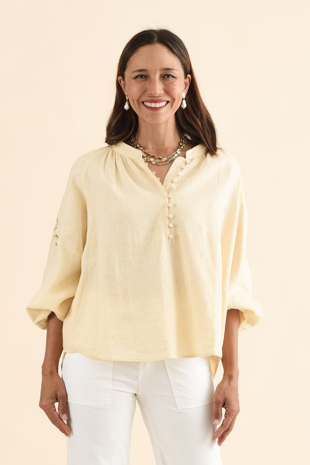 Carlson Yellow Embroidered Blouse,Front,Brunette model,alt text|model:Cara
