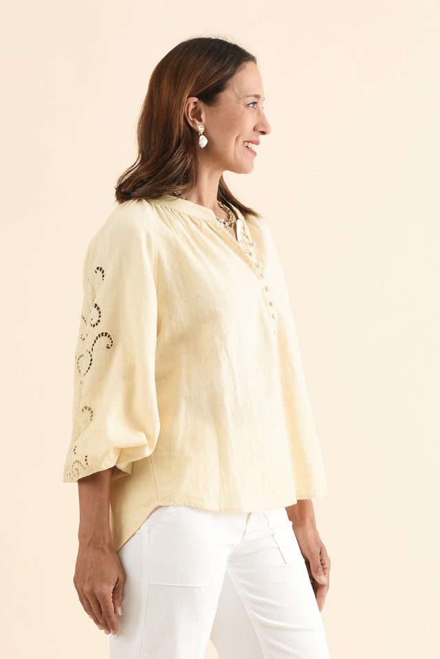 Carlson Yellow Embroidered Blouse,Side,Brunette model,alt text|model:Cara image 4