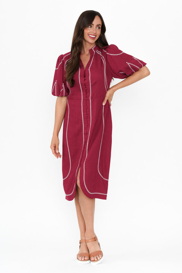 Carlyle Crimson Embroidered Linen Blend Dress,Brunette model,alt text|model:Elouise