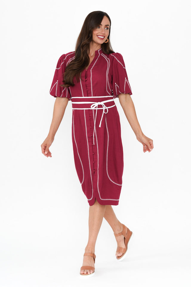 Carlyle Crimson Embroidered Linen Blend Dress,Brunette model,alt text|model:Elouise