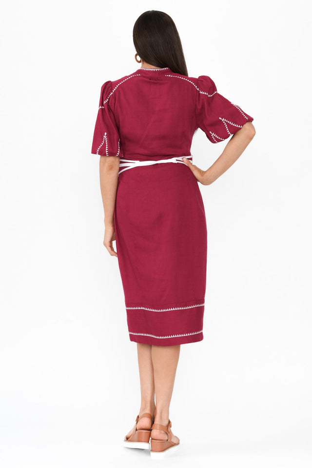 Carlyle Crimson Embroidered Linen Blend Dress,Brunette model,alt text|model:Elouise image 5
