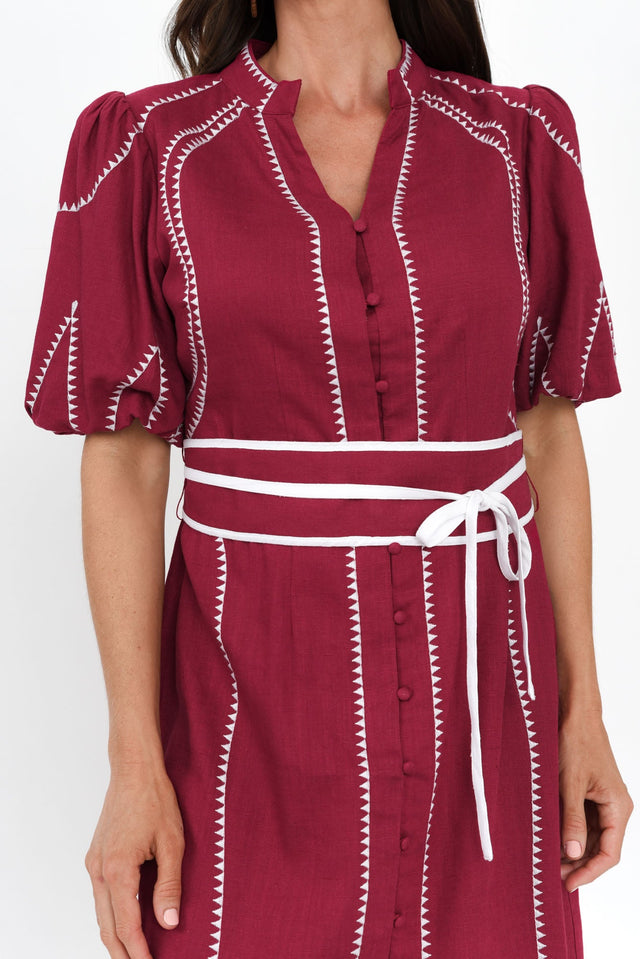 Carlyle Crimson Embroidered Linen Blend Dress,Brunette model,alt text|model:Elouise image 6