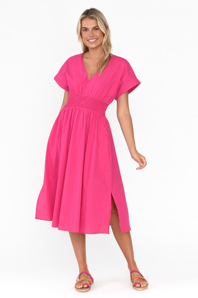 Carrie Hot Pink Cotton V Neck Dress image 7
