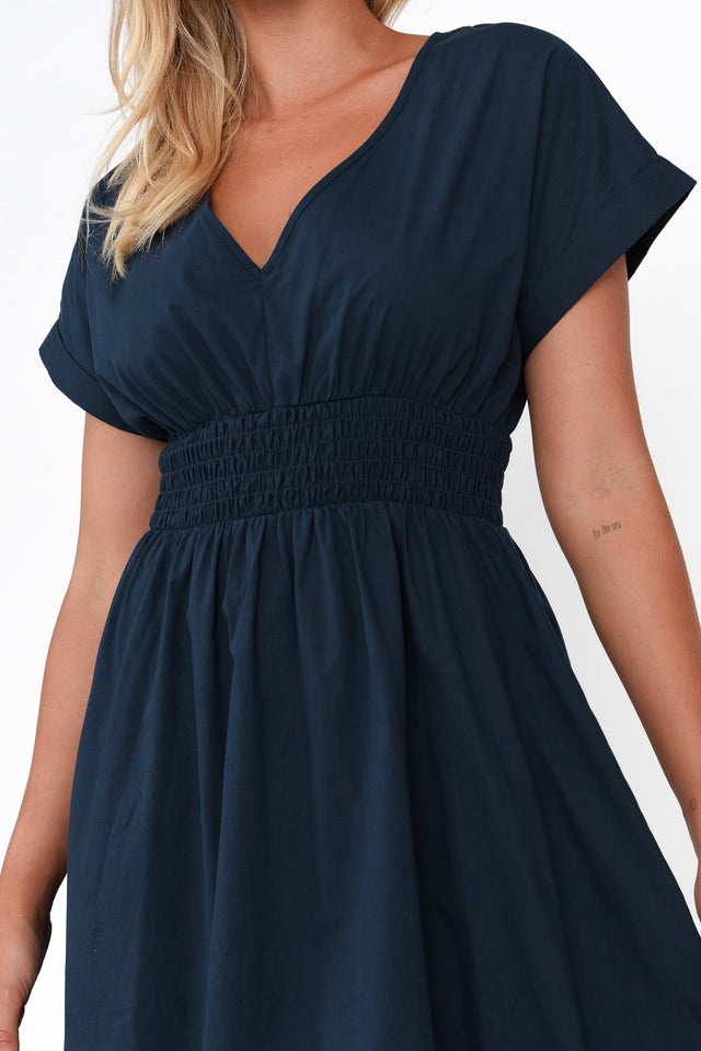 Carrie Navy Cotton V Neck Dress