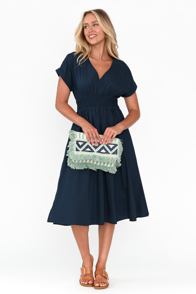 Carrie Navy Cotton V Neck Dress