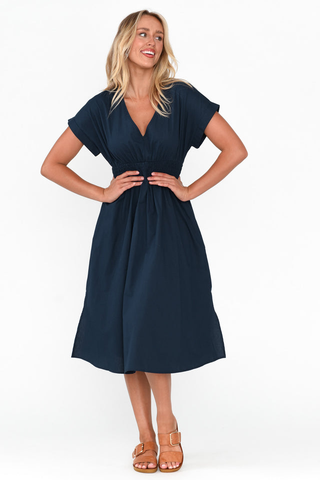 Carrie Navy Cotton V Neck Dress