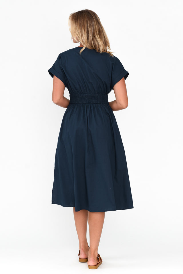 Carrie Navy Cotton V Neck Dress