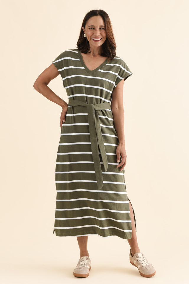 Casey Khaki Stripe Cotton Tie Dress,Full Body,Brunette model,alt text|model:Cara image 2