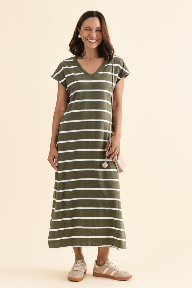 Casey Khaki Stripe Cotton Tie Dress,Front,Brunette model,alt text|model:Cara image 1