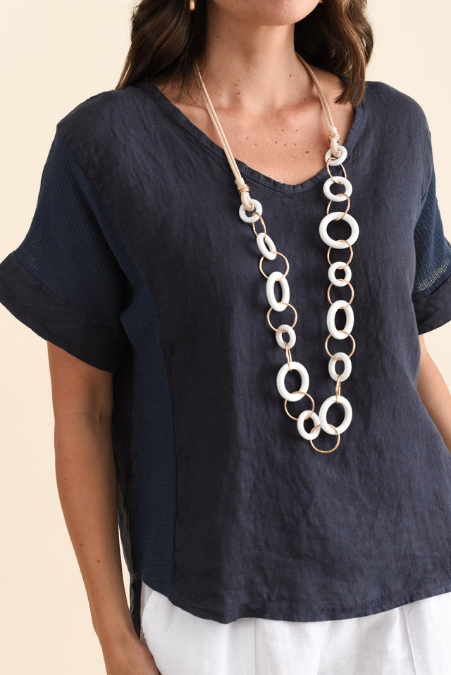Casper Navy Linen Cotton Top,Brunette model,alt text|model:MJ image 6