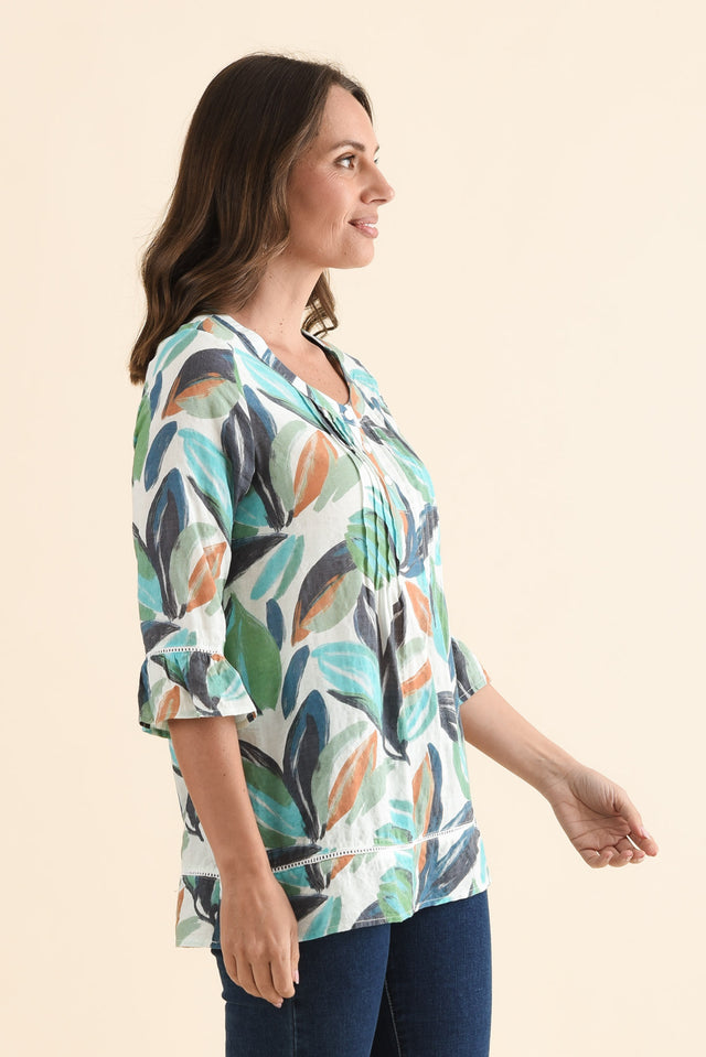 Cassidy Blue Leaf Cotton Sleeved Top,Side,Brunette model,alt text|model:MJ image 3