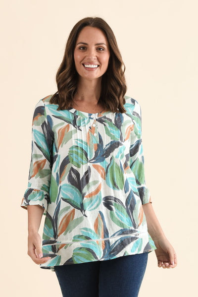 Cassidy Blue Leaf Cotton Sleeved Top