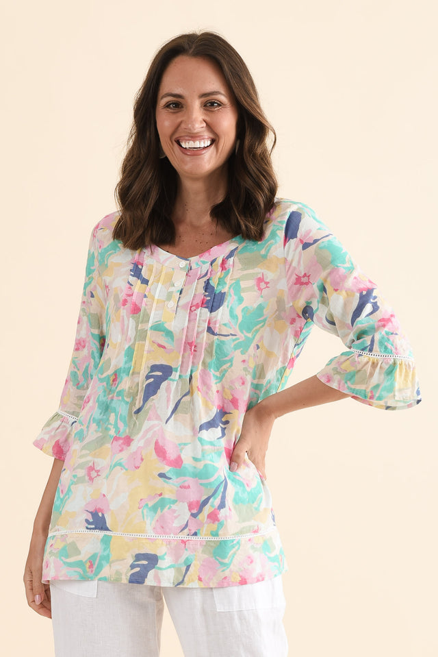 Cassidy Pink Flower Cotton Sleeved Top,Front,Brunette model,alt text|model:MJ image 1