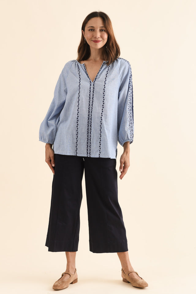 Caven Blue Cotton Embroidered Top,Full Body,Brunette model,alt text|model:Cara image 6