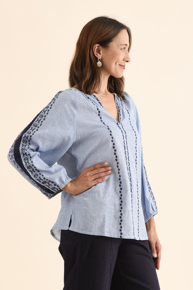 Caven Blue Cotton Embroidered Top,Side,Brunette model,alt text|model:Cara image 3