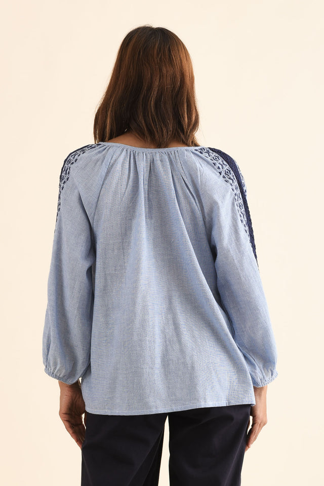 Caven Blue Cotton Embroidered Top,Back,Brunette model,alt text|model:Cara image 4