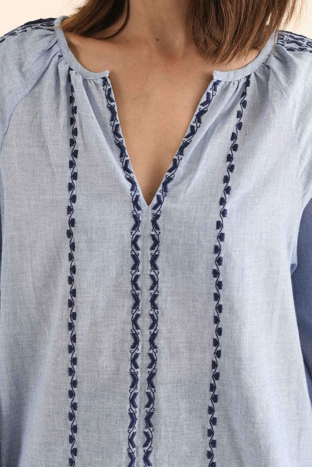 Caven Blue Cotton Embroidered Top,Detail,Brunette model,alt text|model:Cara image 5