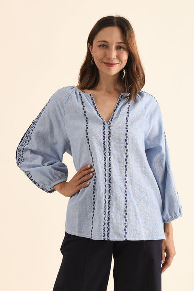 Caven Blue Cotton Embroidered Top