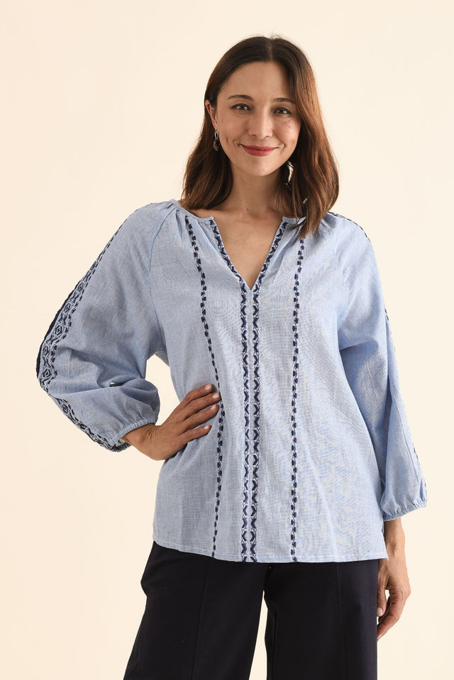 Caven Blue Cotton Embroidered Top,Front,Brunette model,alt text|model:Cara image 1