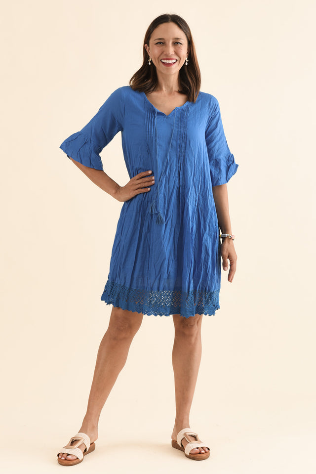 Cayman Blue Cotton Tunic Dress,Front,Brunette model,alt text|model:Cara image 1