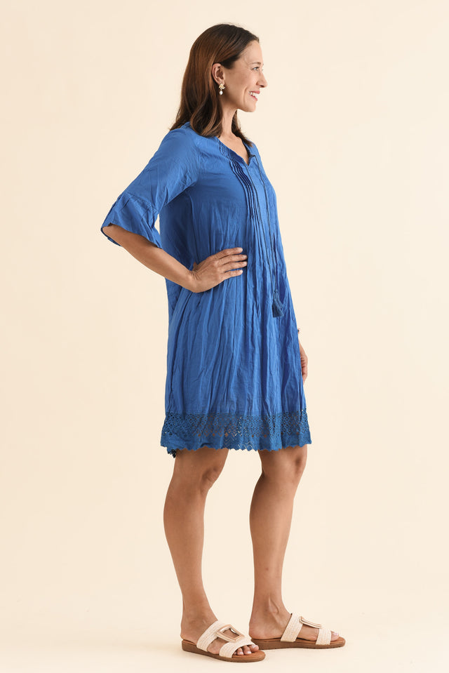 Cayman Blue Cotton Tunic Dress,Side,Brunette model,alt text|model:Cara image 3