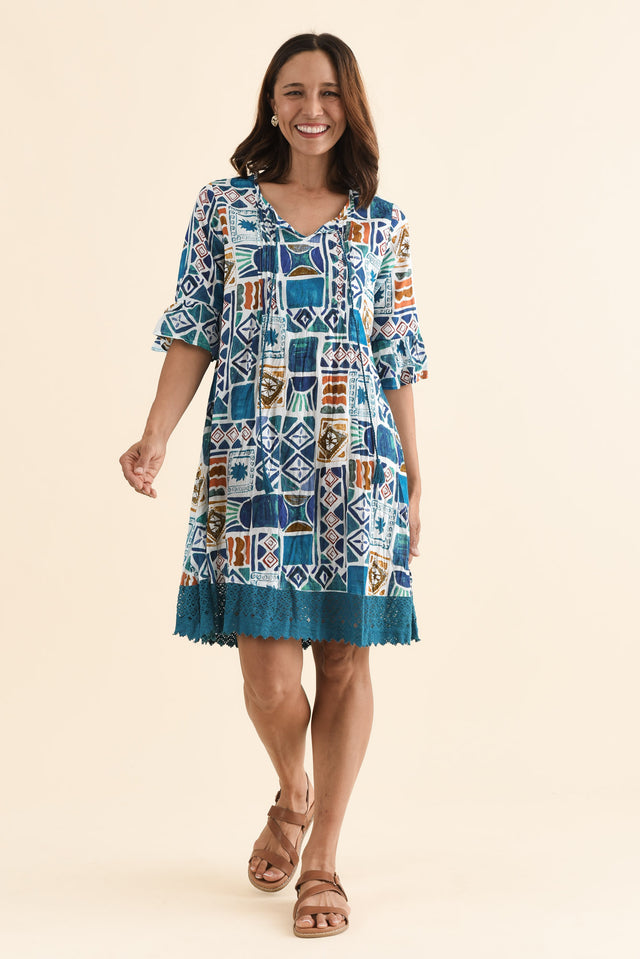 Cayman Blue Tile Cotton Tunic Dress,Full Body,Brunette model,alt text|model:Cara