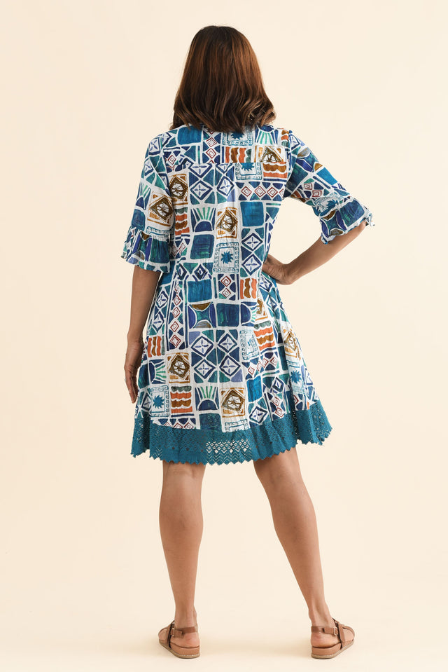 Cayman Blue Tile Cotton Tunic Dress,Back,Brunette model,alt text|model:Cara image 4