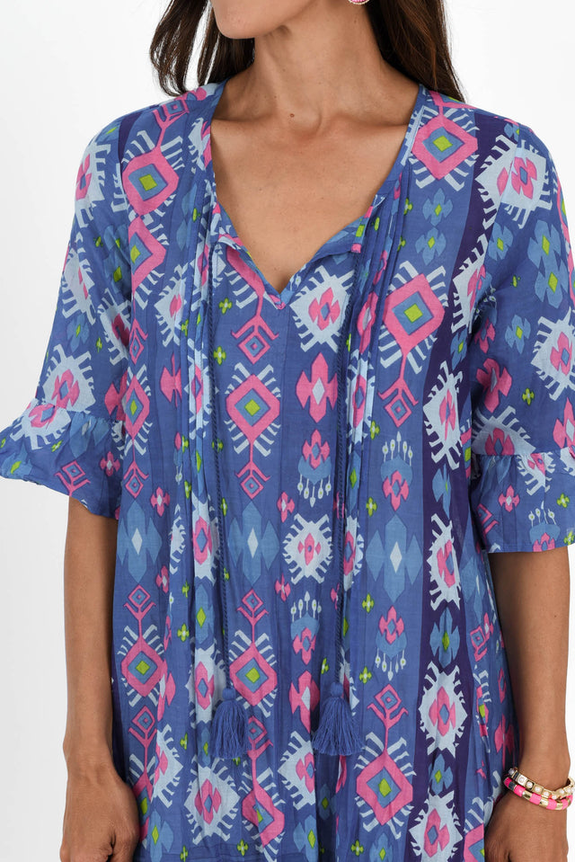 Cayman Navy Geo Cotton Tunic Dress,Brunette model,alt text|model:Cara image 6