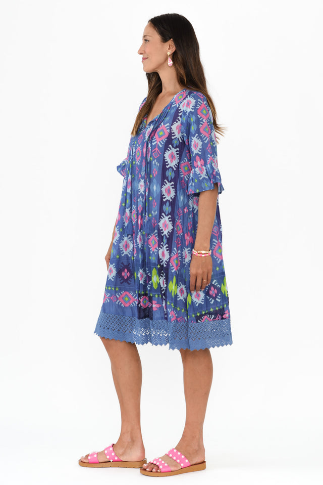 Cayman Navy Geo Cotton Tunic Dress,Brunette model,alt text|model:Cara image 4