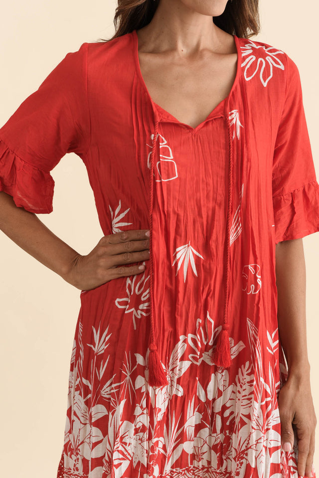 Cayman Red Botanical Cotton Tunic Dress,Brunette model,alt text|model:Cara image 6