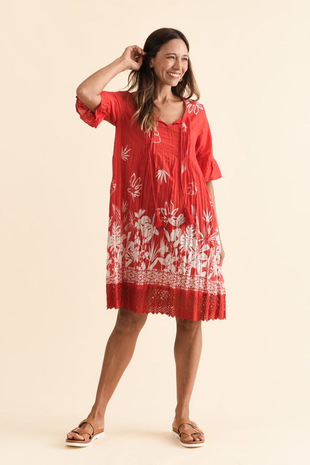 Cayman Red Botanical Cotton Tunic Dress,Brunette model,alt text|model:Cara image 7