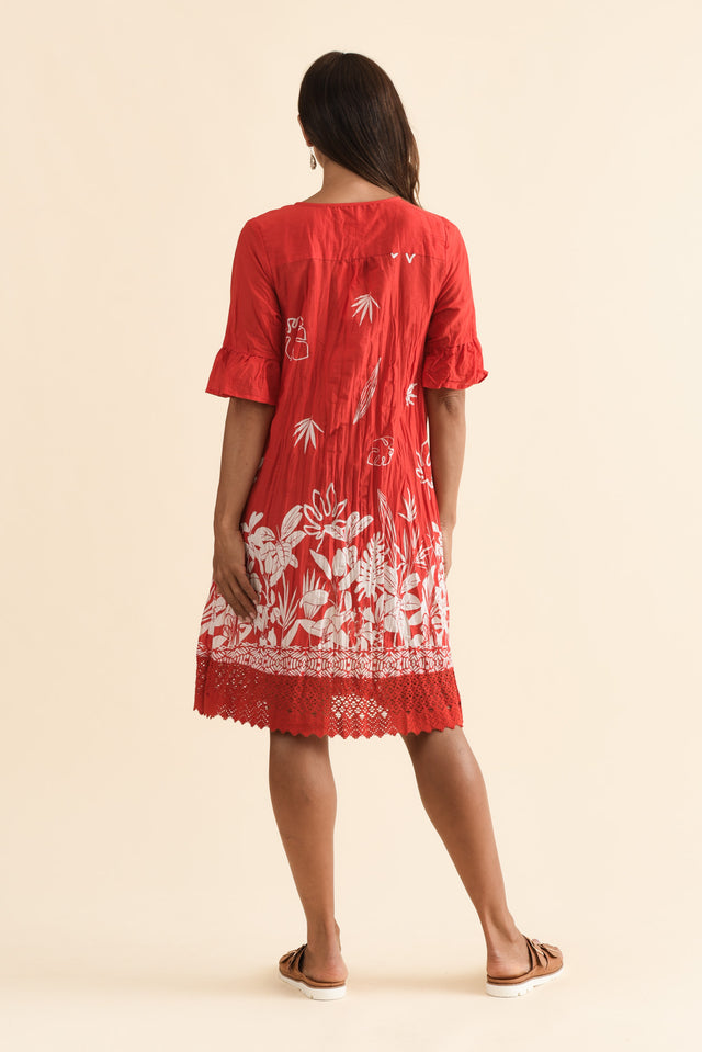Cayman Red Botanical Cotton Tunic Dress,Brunette model,alt text|model:Cara image 5