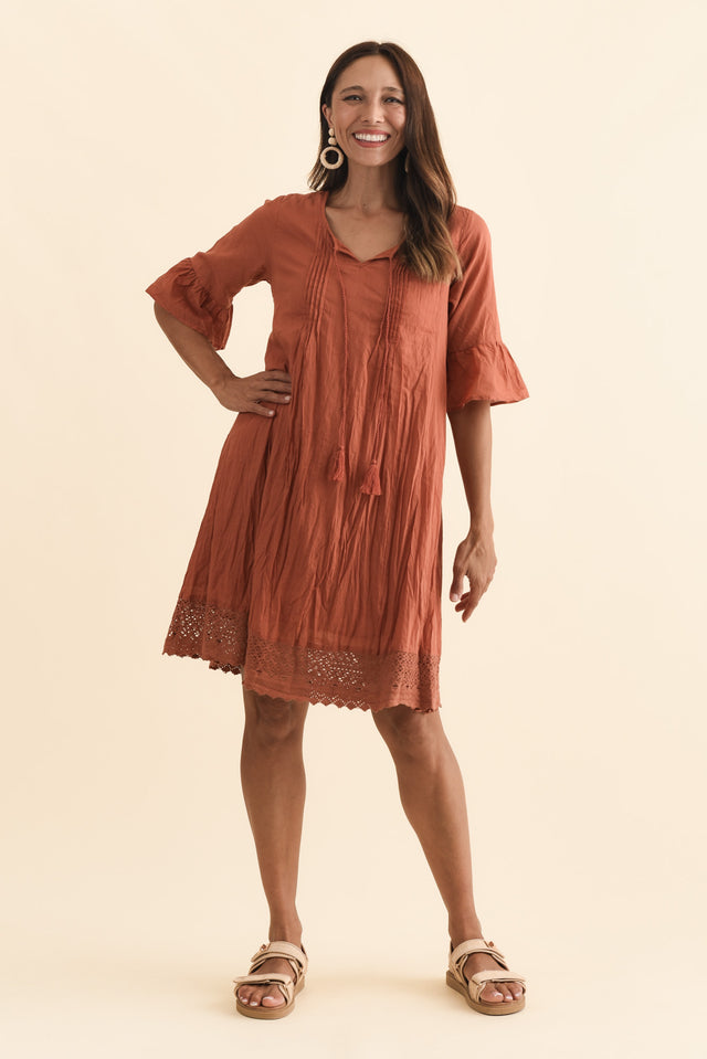 Cayman Rust Cotton Tunic Dress,Brunette model,alt text|model:Cara image 4