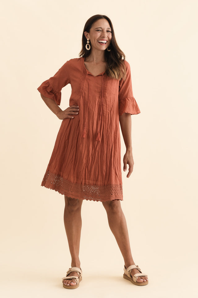 Cayman Rust Cotton Tunic Dress,Brunette model,alt text|model:Cara image 8