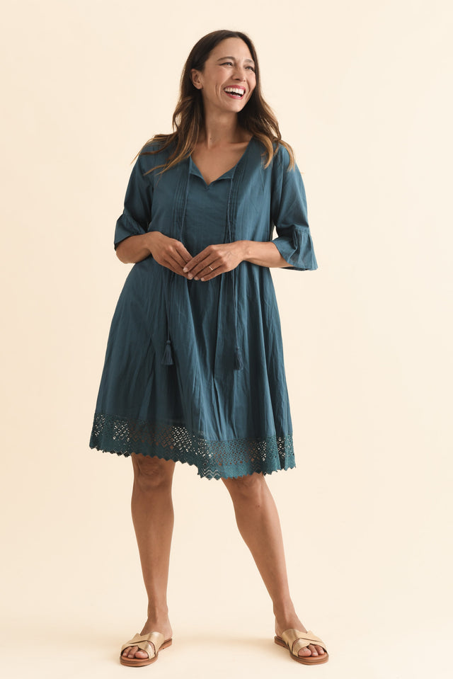 Cayman Teal Cotton Tunic Dress,Brunette model,alt text|model:Cara image 7