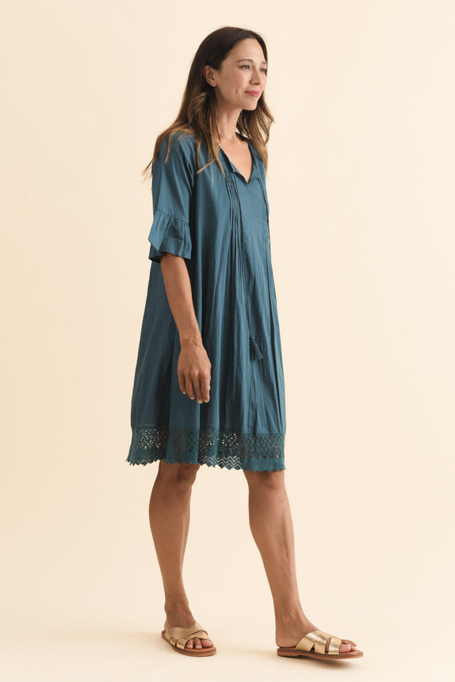 Cayman Teal Cotton Tunic Dress,Brunette model,alt text|model:Cara image 4