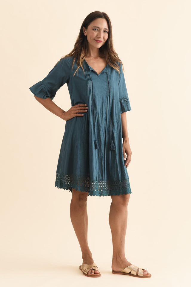 Cayman Teal Cotton Tunic Dress,Brunette model,alt text|model:Cara image 3