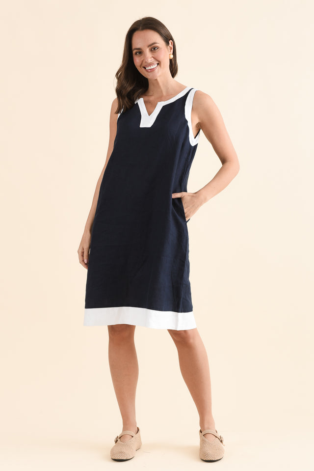 Cecilia Navy Contrast Linen Dress,Full Body,Brunette model,alt text|model:MJ