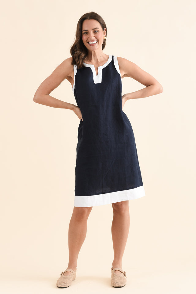 Cecilia Navy Contrast Linen Dress,Full Body,Brunette model,alt text|model:MJ image 6