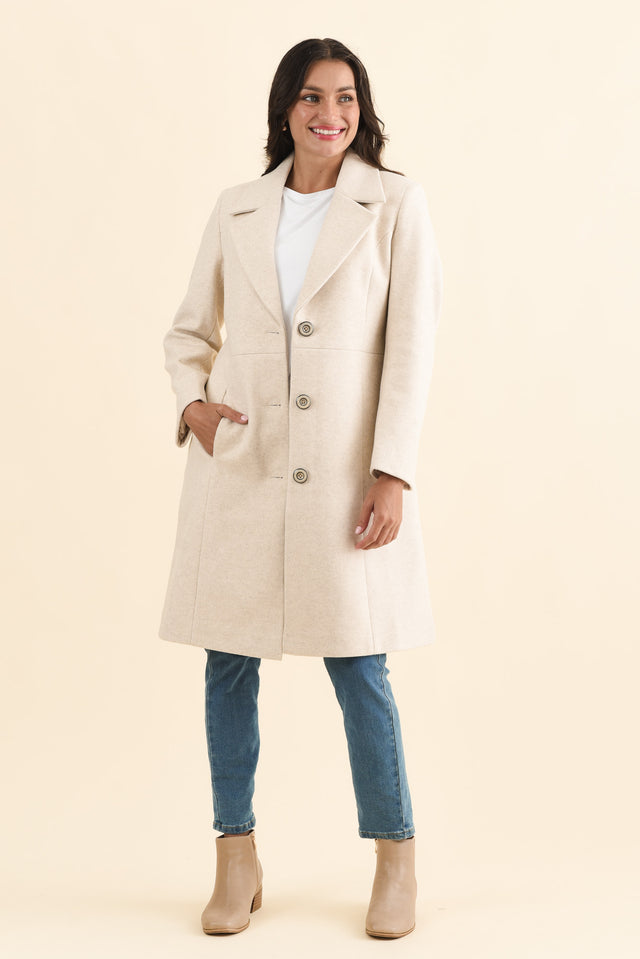 Cevish Beige Button Coat,Brunette model,alt text|model:Brontie image 8