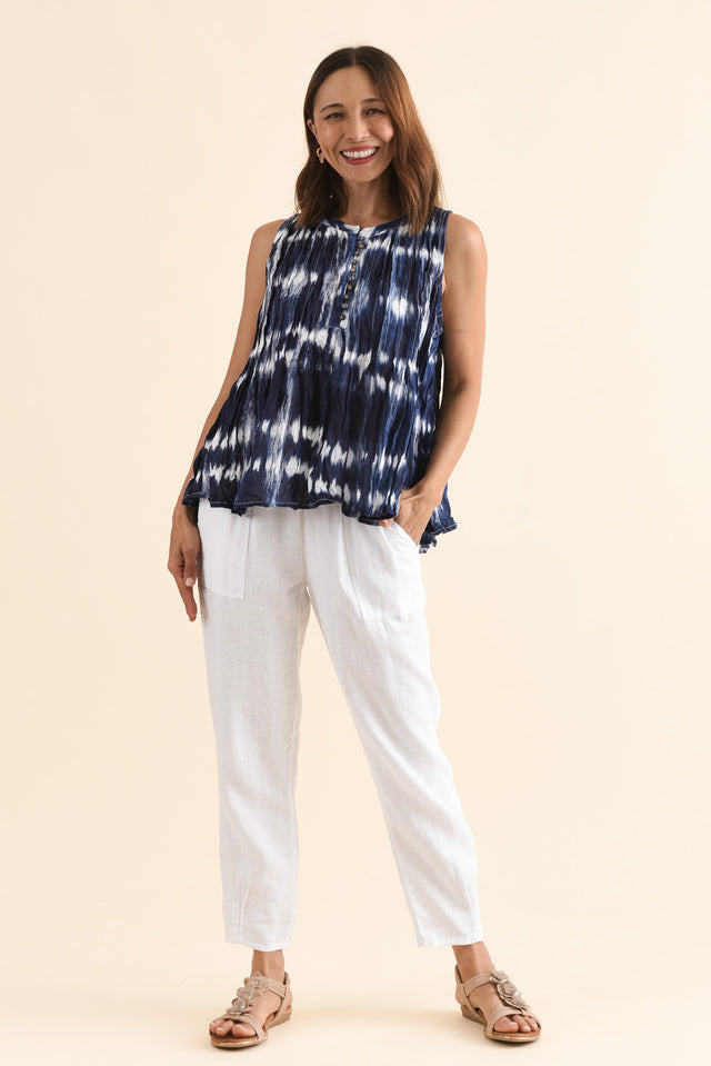 Charlize Navy Tie Dye Cotton Button Tank,Full Body,Brunette model,alt text|model:Cara image 2