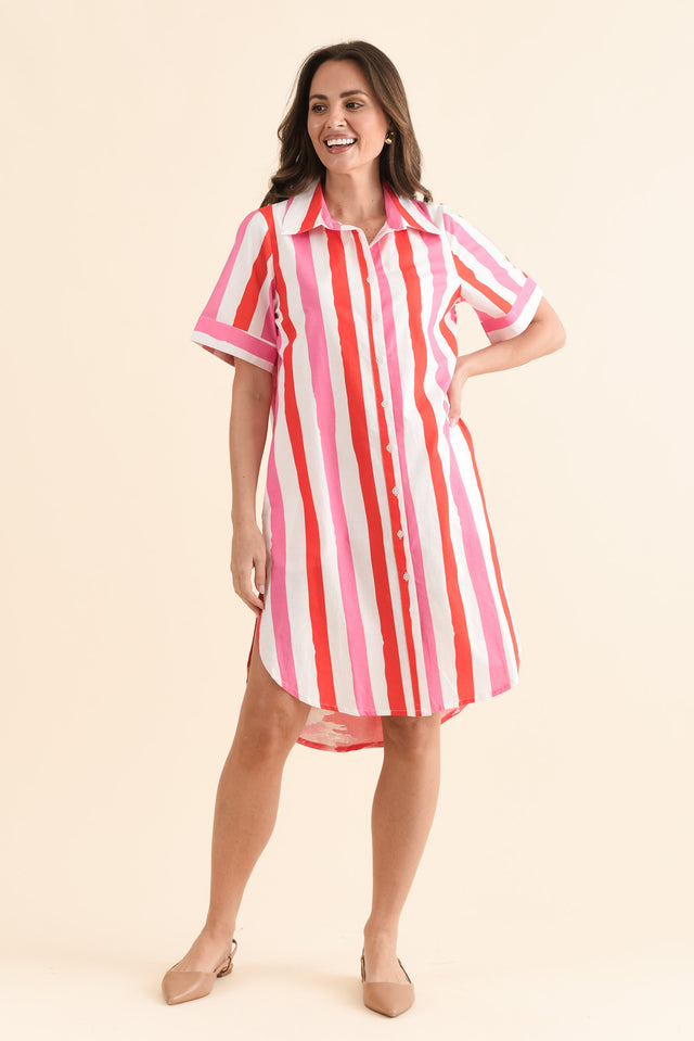 Chatham Red Stripe Palm Cotton Dress,Front,Brunette model,alt text|model:MJ image 1