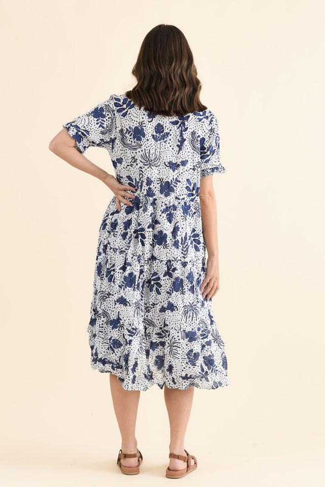 Cinder Blue Garden Crinkle Cotton Ruffle Dress,Back,Brunette model,alt text|model:MJ image 4