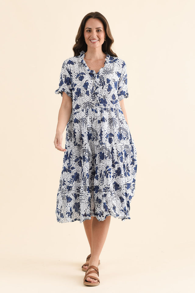 Cinder Blue Garden Crinkle Cotton Ruffle Dress,Front,Brunette model,alt text|model:MJ